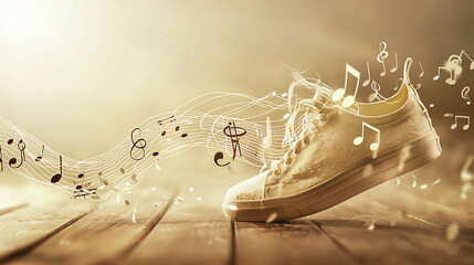 Inspiring musical concept with golden sneaker and flowing notes, ideal for music event promotions and creative backgrounds - obrazy, fototapety, plakaty