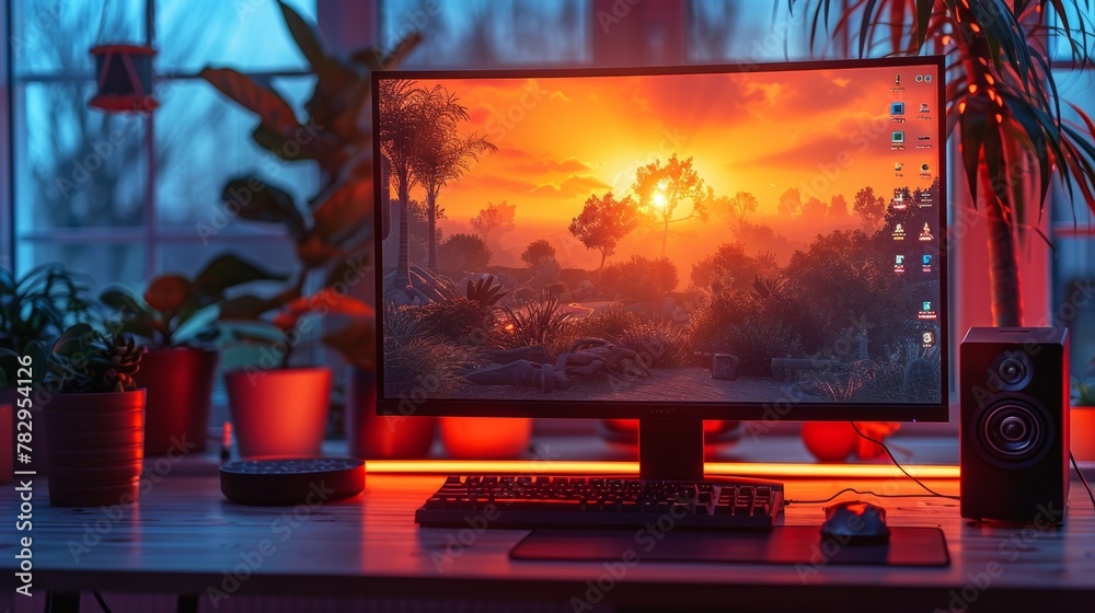 Fototapete streamer's workstation with neon cooler. gaming computer in video gamer's room with neon lights. vid