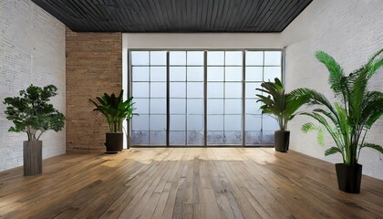 Minimalist Haven: Empty Loft with Wooden Flooring and Greenery