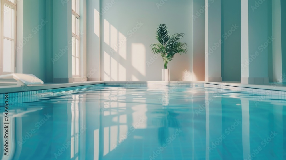 Poster a serene pool with a single palm tree in the center. perfect for travel brochures