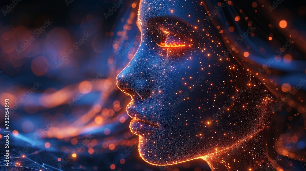 Poster Artificial intelligence abstract face with glowing dots or particles. Technological background. Robot head with neural network analyzing data flow. 3D glowing wavy surface.