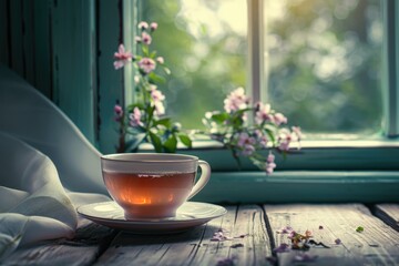 Tea cup on saucer next to window, ideal for cozy home atmosphere