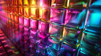 Background wallpaper of abstract 3D glass squares with colorful light emitter iridescent neon holographic gradient. Ideal for banner headers, posters and covers.