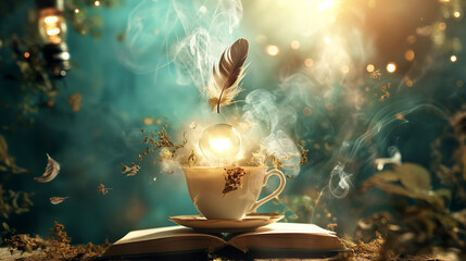 Enchanted still life composition with a magical orb, floating feather and mist, perfect for book covers and fairy tale illustrations - obrazy, fototapety, plakaty