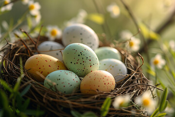 Naklejka na ściany i meble easter eggs in a nest, A Birds Nest And Decorated Eggs Background, A close up of a pile of colorful easter eggs ,easter wallpaper high quality 4k ultra -AI generated image
