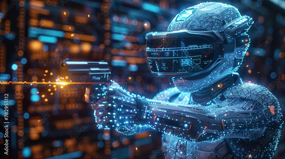 Poster VR online game interface with level map. Player preparing to play virtual reality shooter. Virtual armor and glasses on computer video gamer.
