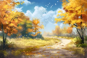 Schilderijen op glas Illustration of Beautiful Autumn forest landscape with golden time. © EEKONG