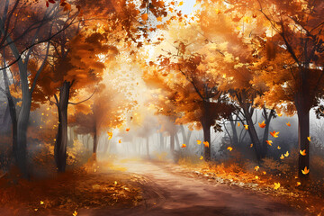 Illustration of Autumn colored leaves glowing in sunlight.