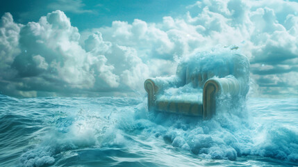 Fantasy scene with a sofa amidst ocean waves under a stormy sky, ideal for surreal wallpapers and creative visual metaphors - obrazy, fototapety, plakaty