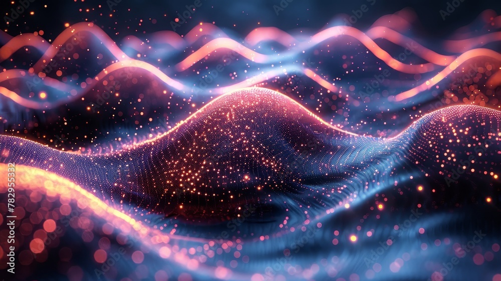 Aufkleber Neon music tech background in nightclub. Equalizer visualizes music waves in technological cyber style. Light dots form 3D surface images of splash sounds vibrating in round splashes.