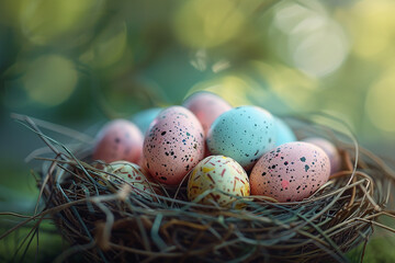 easter eggs in a nest, A Birds Nest And Decorated Eggs Background, A close up of a pile of colorful easter eggs ,easter wallpaper high quality 4k ultra -AI generated image