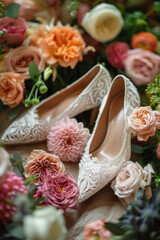Elegant Bridal Shoes Amidst Vibrant Wedding Flowers Bouquet