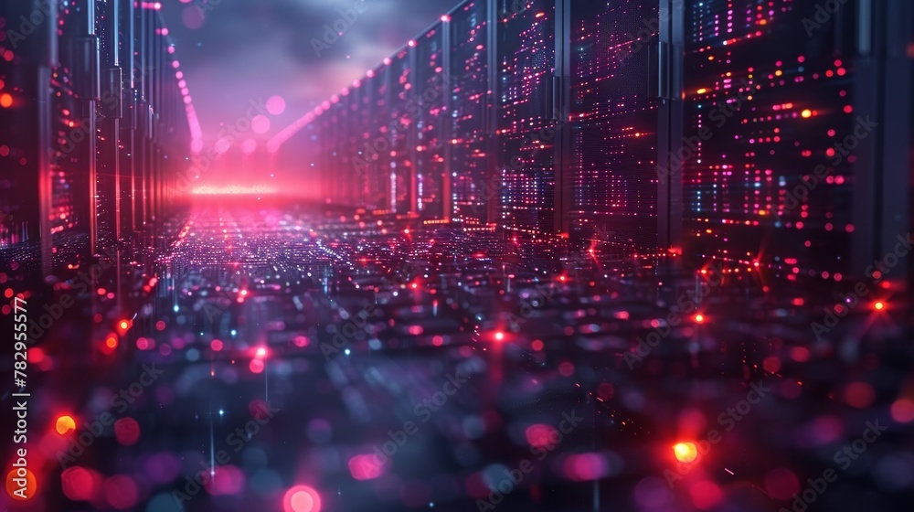 Poster Dark datacenters with lights of data signals. Technology of data warehouses. Hosting service conceptual technology background.