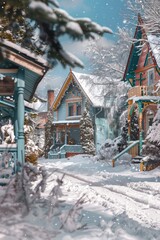 A snowy street with houses in the background. Perfect for winter and Christmas themes