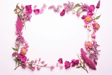 A rectangular frame made of pink flowers and green leaves on a stark white background. Floral Frame of Pink Flowers on White Background