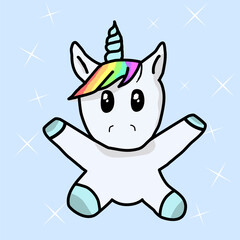 Digital cartoon illustration of a cute rainbow unicorn