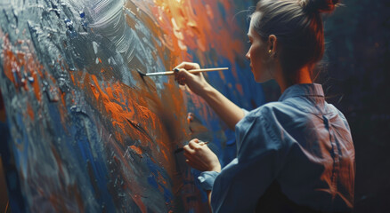 A female artist is painting on the wall, holding a paintbrush and creating abstract art with...