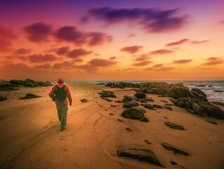 Male tourist walking on a rocky beach during a magical dramatic sunset