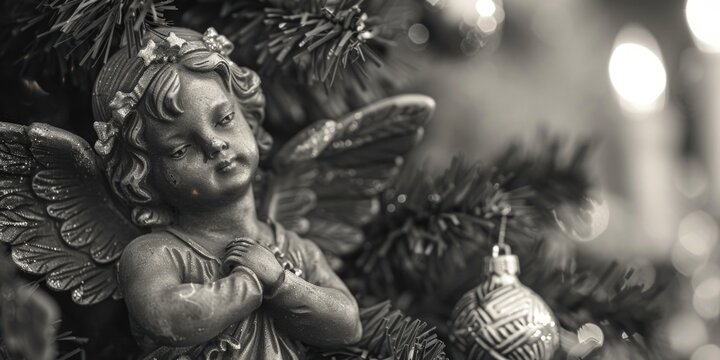 A black and white photo of an angel ornament. Suitable for various decorative purposes