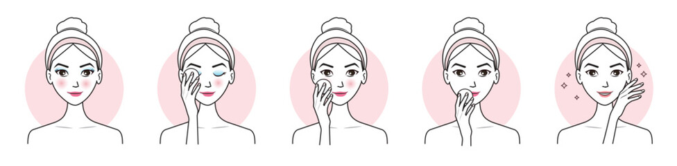 Step of cute woman remove makeup from face set vector illustration isolated on white background. Makeup remover, mascara, eyeliner, foundation, blush, lipstick and lip color with cotton pad. © Mosterpiece