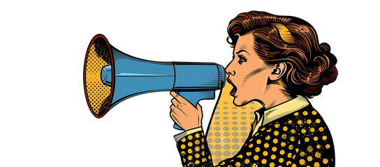 Woman holding a megaphone, in the style of pop art illustration with a white background
