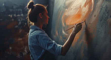 A female artist is painting on the wall, holding a paintbrush and creating abstract art with vibrant colors - Powered by Adobe