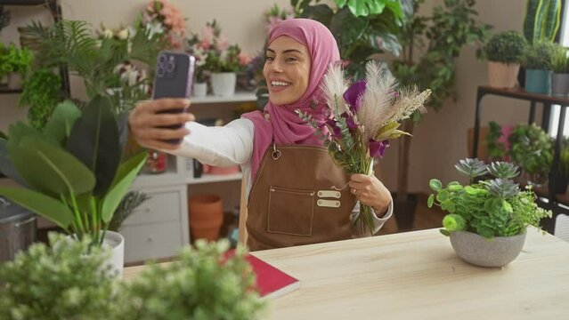 Smiling woman in a hijab taking a selfie with a smartphone amidst indoor plants in a well-lit room