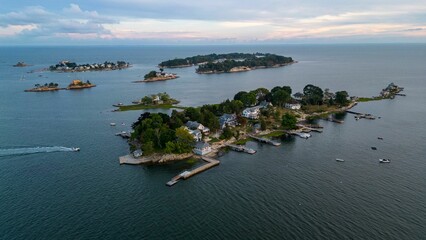 Aerial shot of the Thimble Islands in Branford, CT, USA