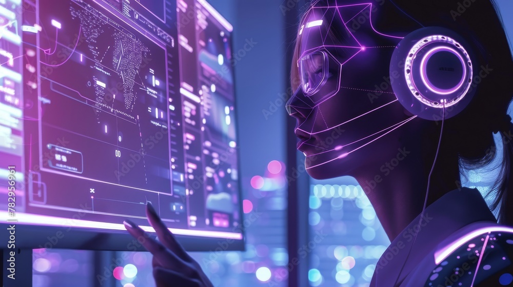 Poster An office worker uses a chatbot with Artificial Intelligence Ai.Chat GPT, developed by OpenAI. Futuristic technology, robot in online system.