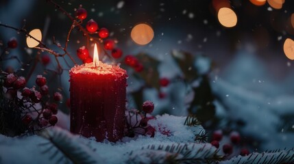 A lit candle on snow, suitable for winter themes