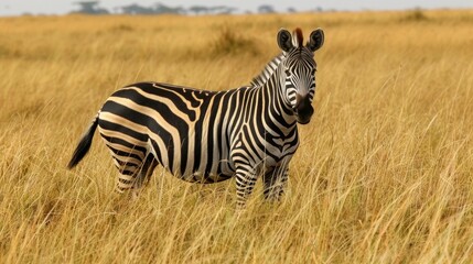 Fototapeta na wymiar Zebra Blending into the African Grassland a Natural Camouflage in the Savanna Safari
