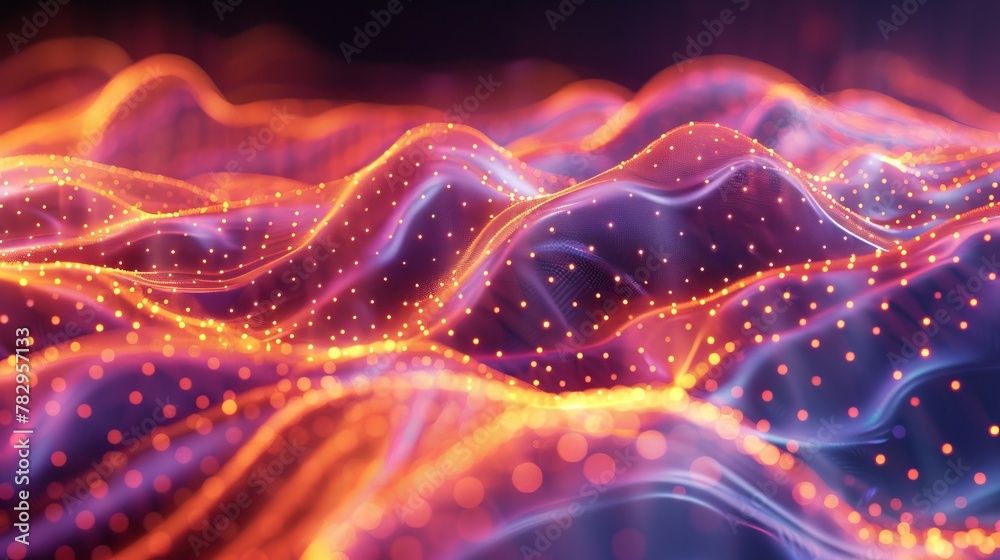 Poster Visualization of big data in 3D with a musical stream of sounds and dots and lines intertwined.