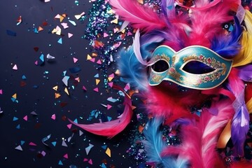 A Venetian masquerade mask with colorful feathers and confetti, creating a mood of celebration and mystery. Venetian Mask with Feathers Among Confetti - obrazy, fototapety, plakaty