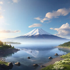 富士山、景色、湖、雲、空