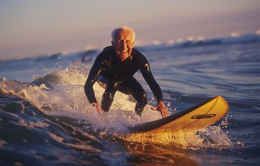A skilled surfer in a black suit expertly navigates a wave, the golden hour sunlight creating a dramatic and warm scene