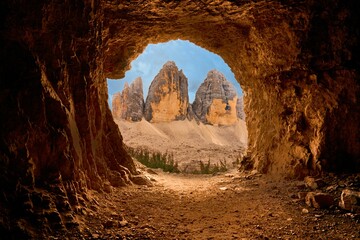 Scenic shot of the three peaks in Italy seen from a cave, cool for background