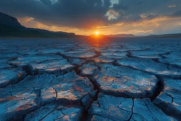 Fotobehang The morning sun casts a blue hue over a cracked desert landscape, highlighting the surreal and rough texture © Larisa AI