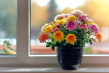 Fresh chrysanthemum flowers in pot on windowsill near the window