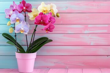 Fresh orchid flowers in pot on pink background