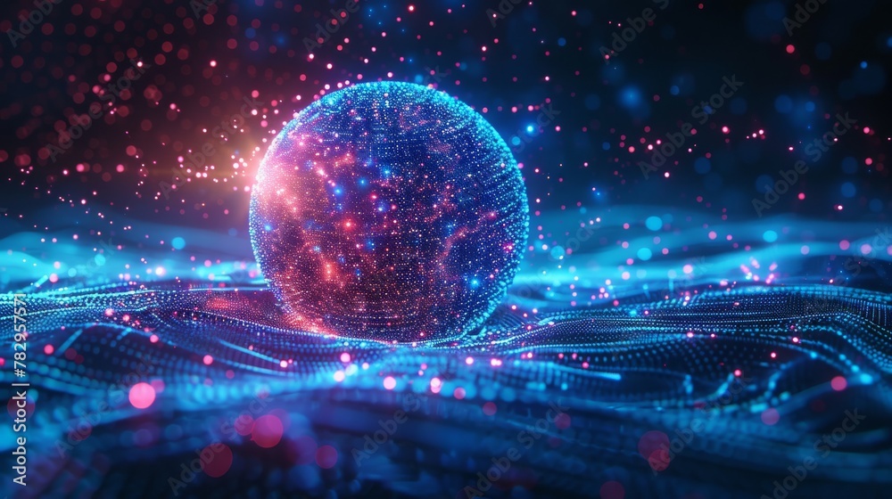 Aufkleber modern illustration of an abstract sphere of colored particles with a vivid blue dot background. a f