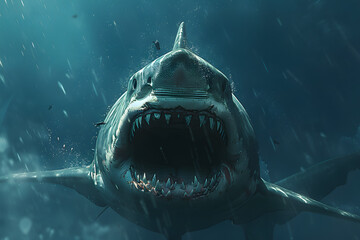 Angry shark with sharp teeth swimming in the depths