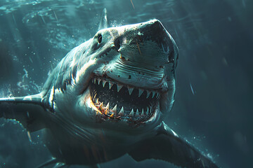 Angry shark with sharp teeth swimming in the depths