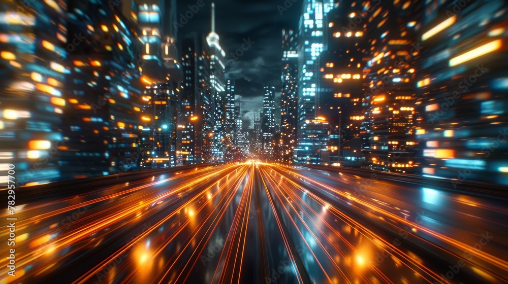 Canvas Prints Warp speed in hyper loop with blurry light from buildings' lights in a mega city at night. Concept of next generation technology, fintech, big data, 5G fast network, machine learning.