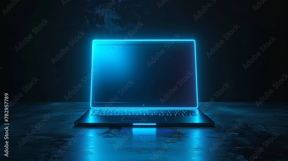 Poster the laptop with an empty touch screen is sitting on a futuristic podium, highlighted on a black back