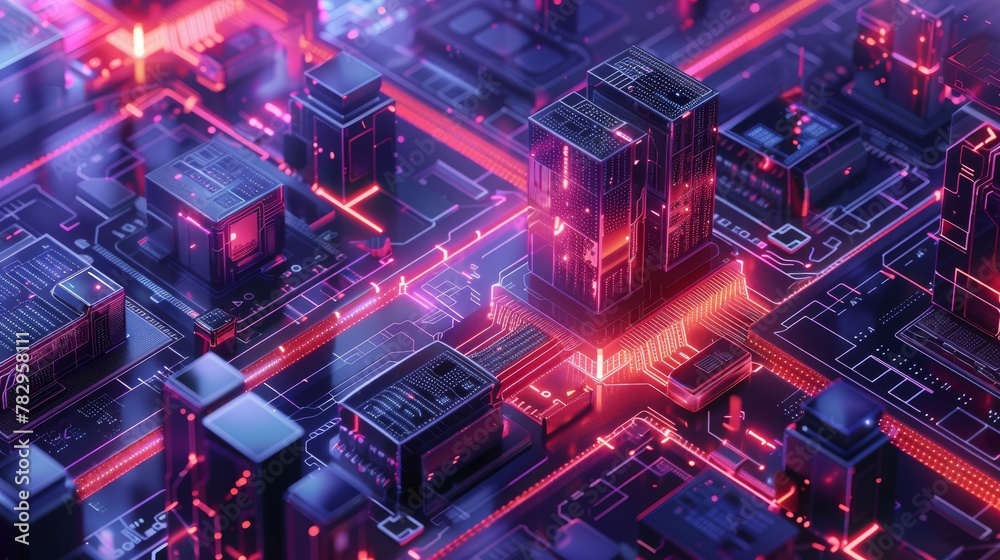 Poster CPU isometric banner. Central Computer Processors CPU concept. Digital chip. Quantum computer, large data processing, database concept.
