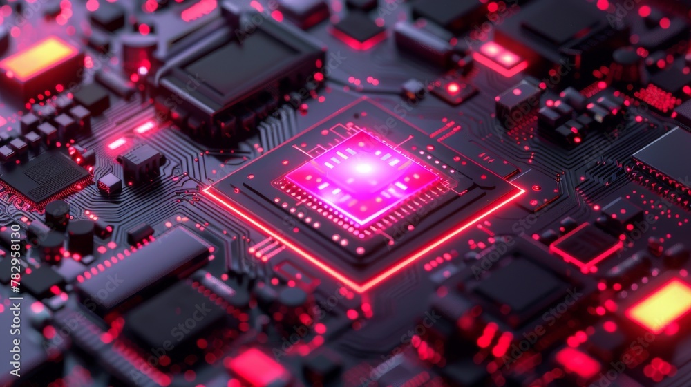 Poster Computer facility, large data processing, database concept. Image of a CPU schematic figure. Image of a CPU isometric banner. Image of a CPU concept. Image of a digital chip.