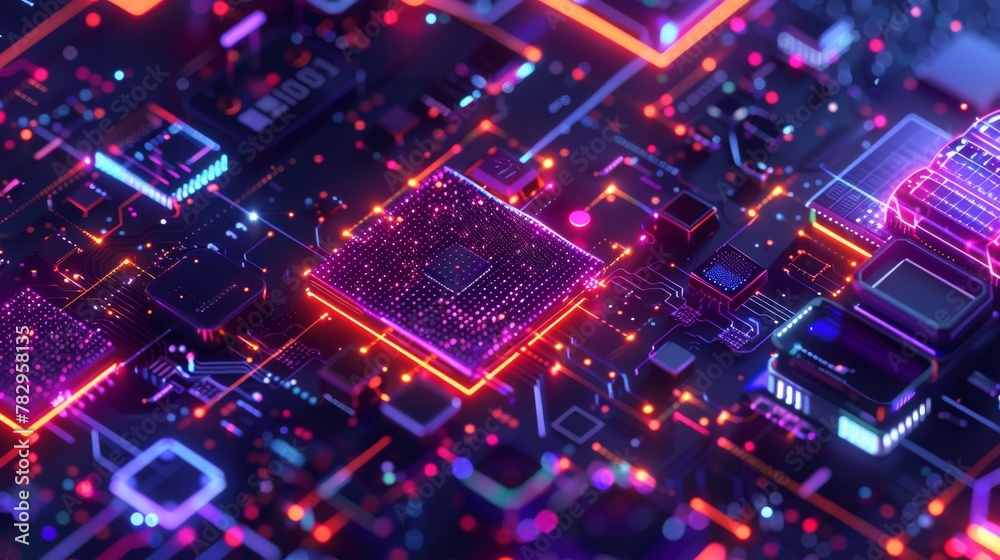 Poster Concept for quantum computers, large data processing, and databases. CPU isometric banner. Central Processing Unit CPU concept. Digital chip...