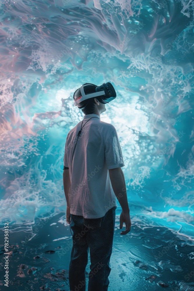Poster a man wearing a virtual reality headset standing in front of a wall of water. suitable for technolog