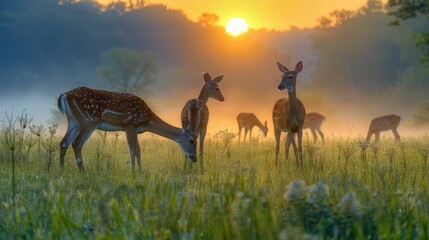 Deer Grazing in Misty Morning Meadow During Golden Hour Sunset or Sunrise Scenic Landscape with Silhouetted Wildlife Herd in Peaceful Serene