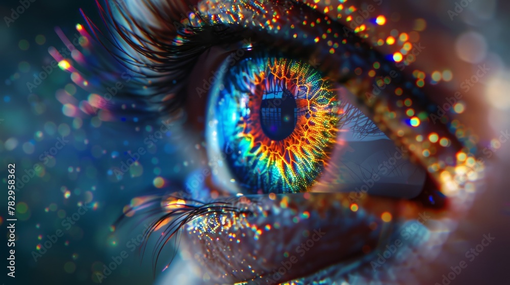 Aufkleber Animated multicolored iris of the eye concept. Rainbow lines scatter after a flash to form volumetric iris and pupil of the eye.